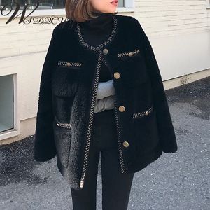 Kadın Ceketler Koreli Kadın Tüvey Ceket Kuzu Patchwork Yuvarlak Boyun Hırgalar Coat Ladies Zarif Uzun Kollu Dış Giyim Tek Bravatalı Büyük Boy 230919