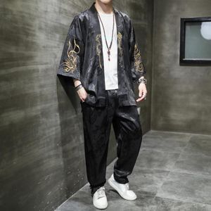 M-5XL Japanese Style Vintage Kimono Shirt Pants Set Men Traditional Harajuku Summer Streetwear Cardigan Two Pieces Sets XXXXXL E314Z