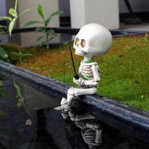 Decorative Objects Figurines Creative Small Skeleton Fishing Resin Statues Garden Courtyard Bonsai Decoration Artware Halloween Gifts Home Decor 230919