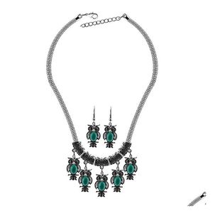 Ohrringe Halskette Mode Damen Schmuck Sets Vintage Eule Türkis Statement Halsketten Set für Frauen Großhandel zum Verkauf Drop Lieferung Dhu1G