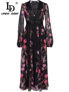 Kentsel seksi elbiseler ld linda della tasarımcısı sonbahar elbise kadın dantel fener kolu yüksek bel çiçek baskı partisi vintage siyah midi elbise 230918
