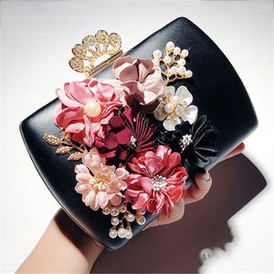 Вечерние сумки, женские клатчи с цветочным принтом, роскошные сумки, черная сумка с жемчужным клапаном, свадебный кошелек невесты с кристаллами, женская маленькая сумка на плечо