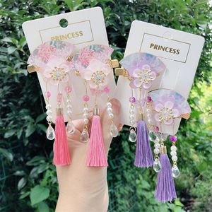 Hair Accessories 2PCS Chinese Style Bow Baby Fan Pearl Tassels Clip Children Hanfu Perform Clips