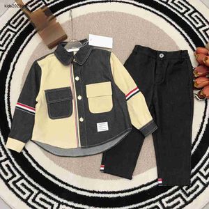 fashion kids Tracksuits baby clothes autumn Sets for boy Size 100-150 CM 2pcs Collar shirt and jeans with patchwork design Sep15