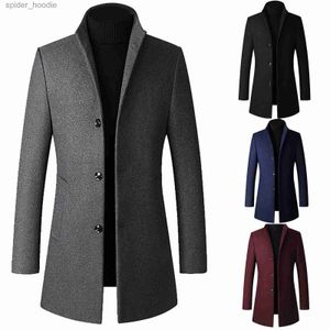 Wollmischungen für Herren Mittellanger Slim-Fit-Wollmantel mit Stehkragen Einfarbiger Wollmantel Männliche Slim-Fit-Mäntel Oberbekleidung Herrenmäntel L230919