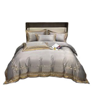 Ouro prata café bordado luxo conjunto de cama rainha rei tamanho mancha roupa cama 4 pçs algodão seda conjuntos capa edredão bed337g