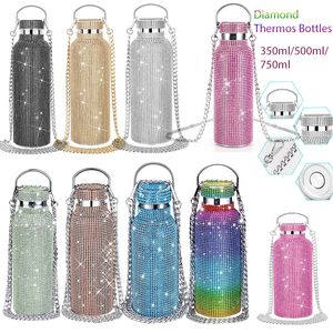 زجاجات المياه 350ML500ML750ML Bling Diamond Thermos Bottles Platable Glitter Rhinestone Gater Botto Crossbody Stainless Steel Flask 230919