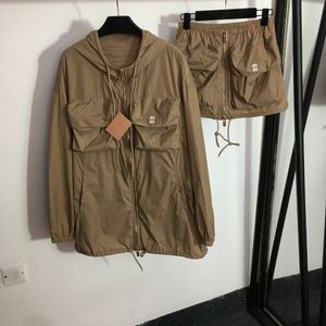 Womens designer jacket Letter printed pocket long sleeved hooded windbreaker zippered jacket high waisted short skirt sets fashion outerwear