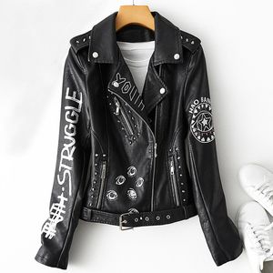 Kvinnorjackor Fitaylor Autumn Winter Women Graffiti Print Faux Leather Jacka Lady Moto Bike Pu Leather Coat Case Rivet Jacket med Belt 230919