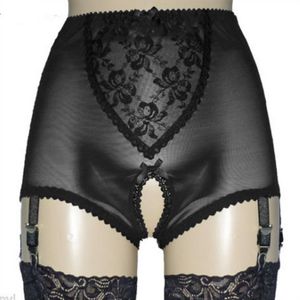 Sexy feminino aberto virilha shorts com 4 fivelas de metal alças curtas renda e malha lingerie suspender elástico liga cinto com cetim bo234n