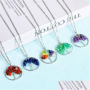 Pendant Necklaces Natural Stone Crystal Tree Of Life Chip Gemstone Necklace 7 Chakra Yoga Healing Topaz Red Agate Women Men Jewelry Dr Dhy5U