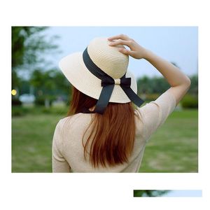 Foldable Women Wide Brim Hats Bow Ribbon Bucket Hat St For Lady Beach Sunhat Summer Topee Sun Cap Drop Delivery Dhxul