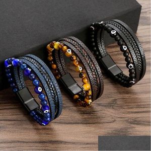 Chain Retro Tiger Eye Natural Stone Beads Leather Bracelet Beaded Mti-Layer Wrap Bracelets Bangle Cuff Wristband For Men Hiphop Jewelr Dhxs0