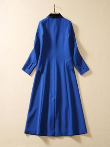 Kvinnors dike rockar Autumn Winter Long Coat for Women 2023 Slå ner kragen Single Breasted Windbreaker Blue Jacket Elegant Ytterkläder