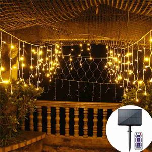 LED -strängar Party 3M/5M Solar Curtain Icicle Light Led Fariy Icicle Garland Waterfall String Light For Holiday Christmas Wedding Party Decoration HKD230919