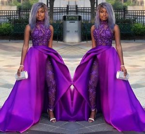 Evening Dresses Purple Prom Party Gown Lace New Custom Zipper Lace Up Plus Size A Line Straight High Neck Sleeveless Satin
