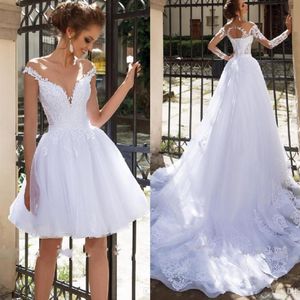 Nowa suknia ślubna Plus w rozmiarze 2 w 1 z rękawami koronkowe aplikacje Vestido de noiva długość podłogi Tiulowy suknia ślubna księżniczka Wedd235s