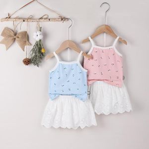 Kleidungssets OPPERIAYA Baby Mädchen Sommer Zweiteiliges Freizeitset Blumenmuster Muster U-Boot-Ausschnitt Leibchen und Rock Shorts Blau Rosa