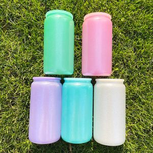 USA warehouse 16oz textured Silver Pink Purple Blue Green blank sublimation rough glitter powder coated glass can with plastic lid and straw