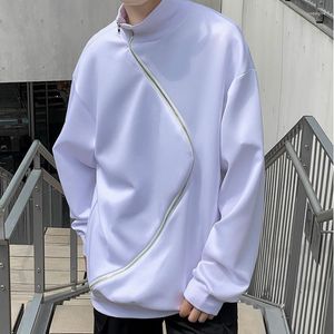 Erkek Hoodies Moda Asimetrik Diyagonal Fermuar Sweatshirt Bahar Sonbahar Yarım Belelek Gevşek Dip Gömlek Erkek Giysiler