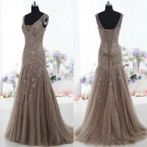 Actual Images Vintage Mother of the Bride Dresses Mermaid V Neck Applique Beads Tulle Corset Custom Mother Dress Formal Evening Go217Q