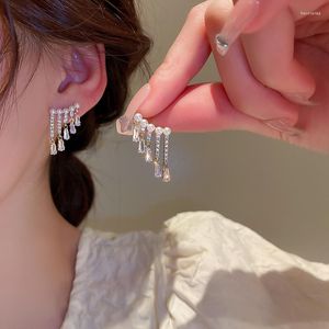 Boucles d'oreilles de luxe en cristal de Zircon pour femmes, gouttes d'oreilles en perles simulées scintillantes, bijoux de Style coréen, cadeau de beauté