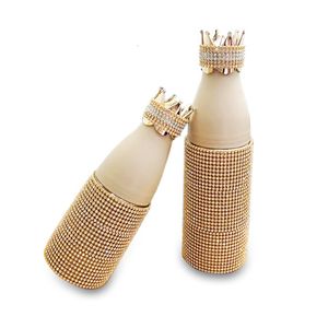 Su şişeleri taç çivili bling elmas tumbler ışıltılı su şişesi kapak paslanmaz çelik vakum ile kadınlar için termal rinestone fincan 230919