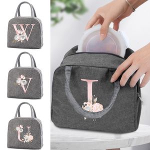 Lunch Bags Insulated Pink Flower Canvas Handbag Cooler for Portable Fridge Bag Box Food Kids Picnic Handbags 230919