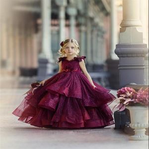 2020 Bourgogne Flower Girl Dresses For Wedding Lace Pärlor 3D Floral Appliced ​​Little Girls Pageant Dresses Party Gowns Princess Wea3308