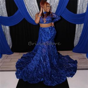 Shiny Blue Sequin Two Pieces Prom Dress 2023 One Shoulder Long Sleeve Mermaid Evening Dress Birthday Occasion Formal Dance Wear Vestidos De Noche Robes De Soiree