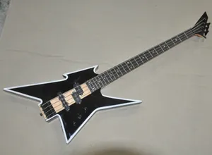 Ungewöhnlich geformte, schwarze E-Bassgitarre mit 4 Saiten und durchgehendem Hals. Kann individuell angepasst werden