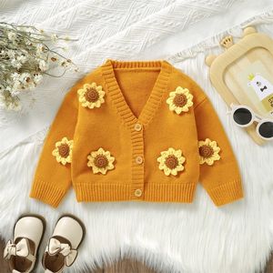 Pullover 20230825 Lioraitiin 6M3Y Baby Girls Fall Winter Knitted Sweater Warm Sunflower Long Sleeve Button Cardigan Toddler Knitwear 230918