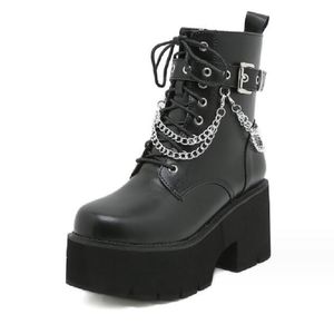 Spring Autumn Sexig High Heel Rivet Belt Buckle Metal Chain Leather Women Fashion Ankle Boots 1AA55