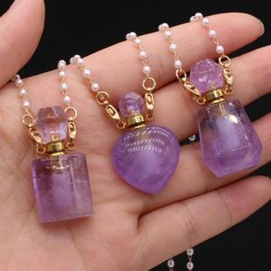 Pendanthalsband Naturliga Amethyster Parfymflaskhalsband Stone Essential Oil Diffuser Pearl Chain Längd 80CM313U