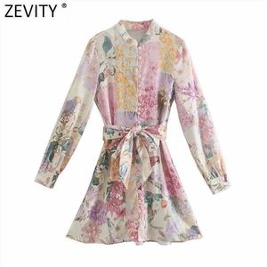 Zevity Women Elegant Pink Flower Print Breasted Shirtdress Female Long Sleeve Bow Sashes Vestido Chic A Line Mini Dresses DS8173 2178u