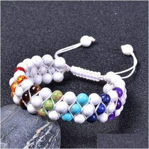 Catena 6mm Pietra naturale Howlite Bracciale a tre strati intrecciato 3 file Yoga 7 Chakra Braccialetti con perline curative con pietre preziose per uomo Donna Gioiello Dhjym