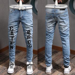 Print Distressed Blue Jeans Guy Slim Biker Fit Skinny Leg Ripped Fading Cowboy Trousers Men2464