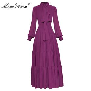 Urban Sexy Dresses Moaayina Fashion Runway Dress Spring Women's Dress Bow Collar Long Lantern Sleeve Purple Elegant Parted Party Dresses 230918