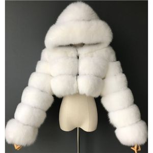 女性の毛皮のフェイクファー高品質の毛皮のクロップドフェイクファーコートとジャケットフード付き冬の毛皮ジャケットマントーフェム230919とふわふわしたトップコート