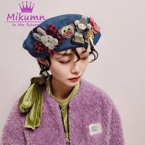 베레모 kukeita harajuku denim beret 모자 여자 여자 Y2K 사랑스러운 만화 꽃 활 일본 카와이 화가 캡 230818