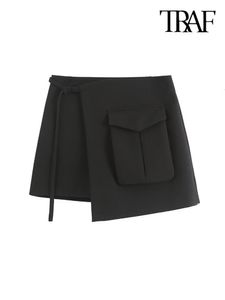 Tvådelt klänning traf kvinnor mode med slipsar främre lapp ficklast shorts kjolar vintage hög midja sidospelare kvinnlig skort mujer 230919