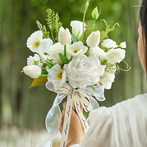 Wedding Flowers White Bouquet Bride Bridesmaid Holding Silk Ribbon Tulip Artificial Flower Mariage Accessories