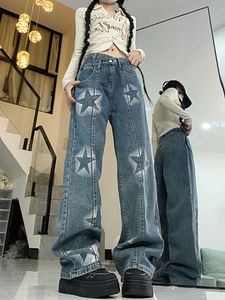 Kvinnors jeans amerikanska retro stjärnmönster pant mode hög midja rak demin byxor y2k nisch design bred ben streetwear 230918
