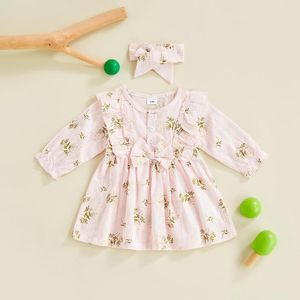 Girl Dresses Princess Bowknot Infant Baby Girls Dress Floral Print Ruffles Long Sleeve A-line Spring Autumn Buttons With Headband