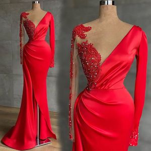 Evening Dresses Red Prom Party Gown Formal Mermaid Custom New Long Sleeve Plus Size Lace Up Zipper Beaded Crystal O-Neck Satin Applique Thigh-High Slits Illusion