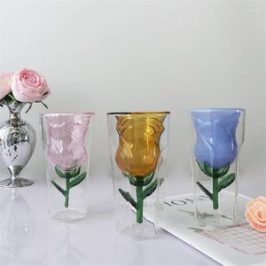 ワイングラスReative Design Double Layer Liner Rose Shape Glass Water Cup Light Luxury Retro家計高温耐性牛乳