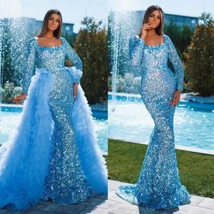 Party Dresses Bright Blue Prom Dress Long Hermes Bling Sequins Applices Bateau Neck spets TulledetAchable Train Golvlängd Vestido de