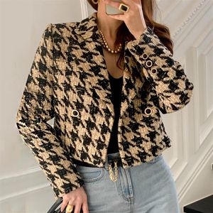 2021 Autumn new design women's double breasted turn down collar houndstooth grid pattern tweed woolen short coat jacket casac271d