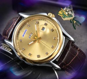 Daydate Automatic Date Men Watches Luxury Mens äkta läderband Quartz Movement Clock Three Pinds Dial Popular Business Sapphire Glass Watch Gifts