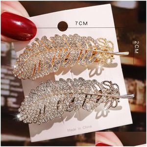 Hair Clips Barrettes Diamond Feather Clip Fashion Sier Gold Headdress Hairpin Spring Bobby Pin For Women Girls Drop Delivery Jewelry H Dhboh